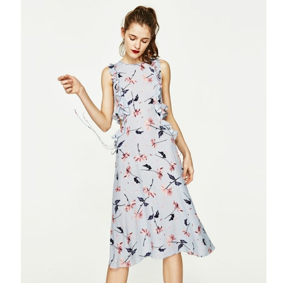 ZARA Dresses & Skirts - ZARA Ruffle Floral Open Side Slit Midi Dress